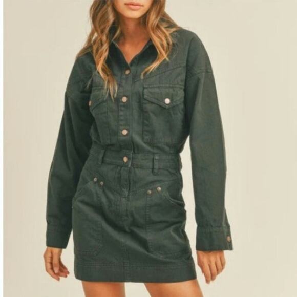 Miou Muse Women's Western Mini  Dress Size Small Black Washed LS Snap Denim Like - Picture 1 of 11